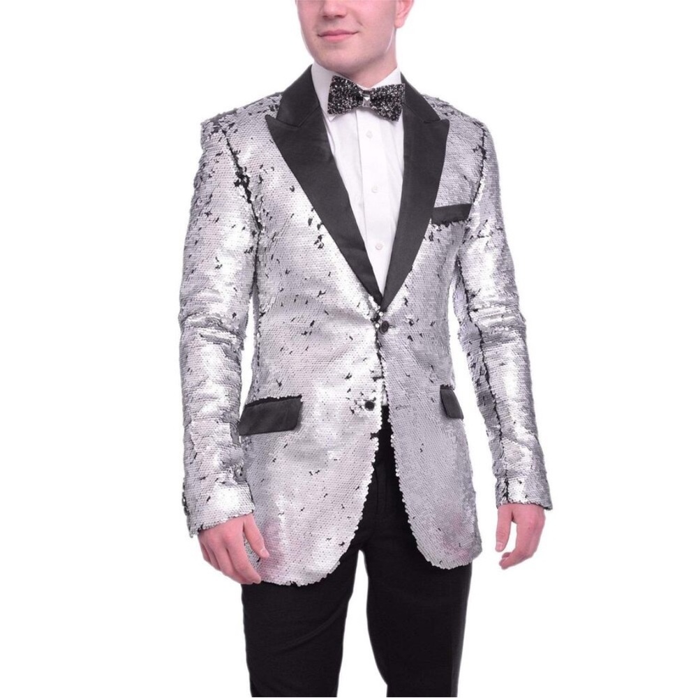 Barabas Mens Disco Party Evening Sequin Blazer Sport Coat Suit Size 38R Silver